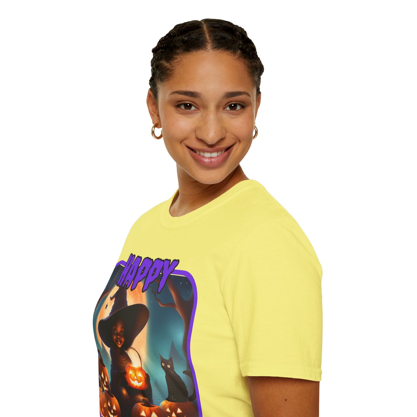 Happy Halloween Cute Witch Purple font Light colors Unisex T-Shirt by CreepyCrafts.boo