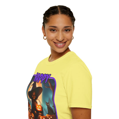 Happy Halloween Cute Witch Purple font Light colors Unisex T-Shirt by CreepyCrafts.boo