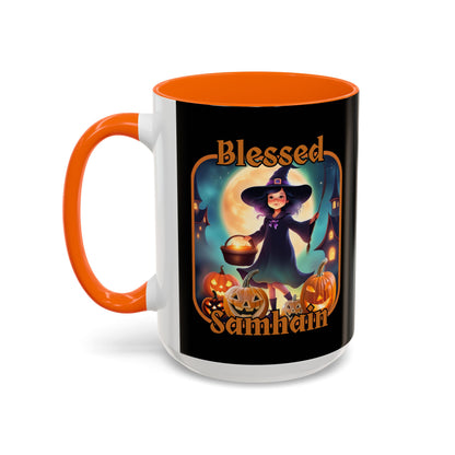 Blessed Samhain Little Witch Orange font Black Accent Mug by CreepyCrafts.boo
