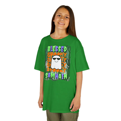 Spooky Blessed Samhain Ghost Mixed font Kids Heavy Cotton™ Tee by CreepyCrafts.boo