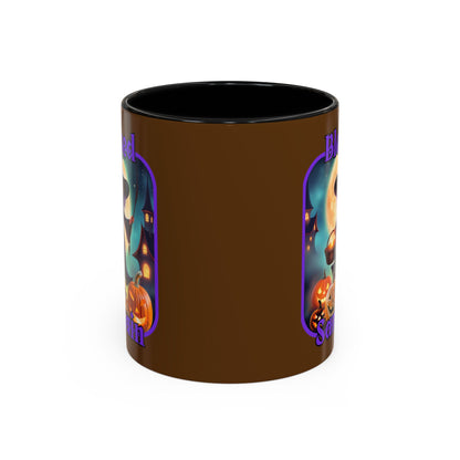 Blessed Samhain Little Witch Purple font Brown Accent Mug by CreepyCrafts.boo