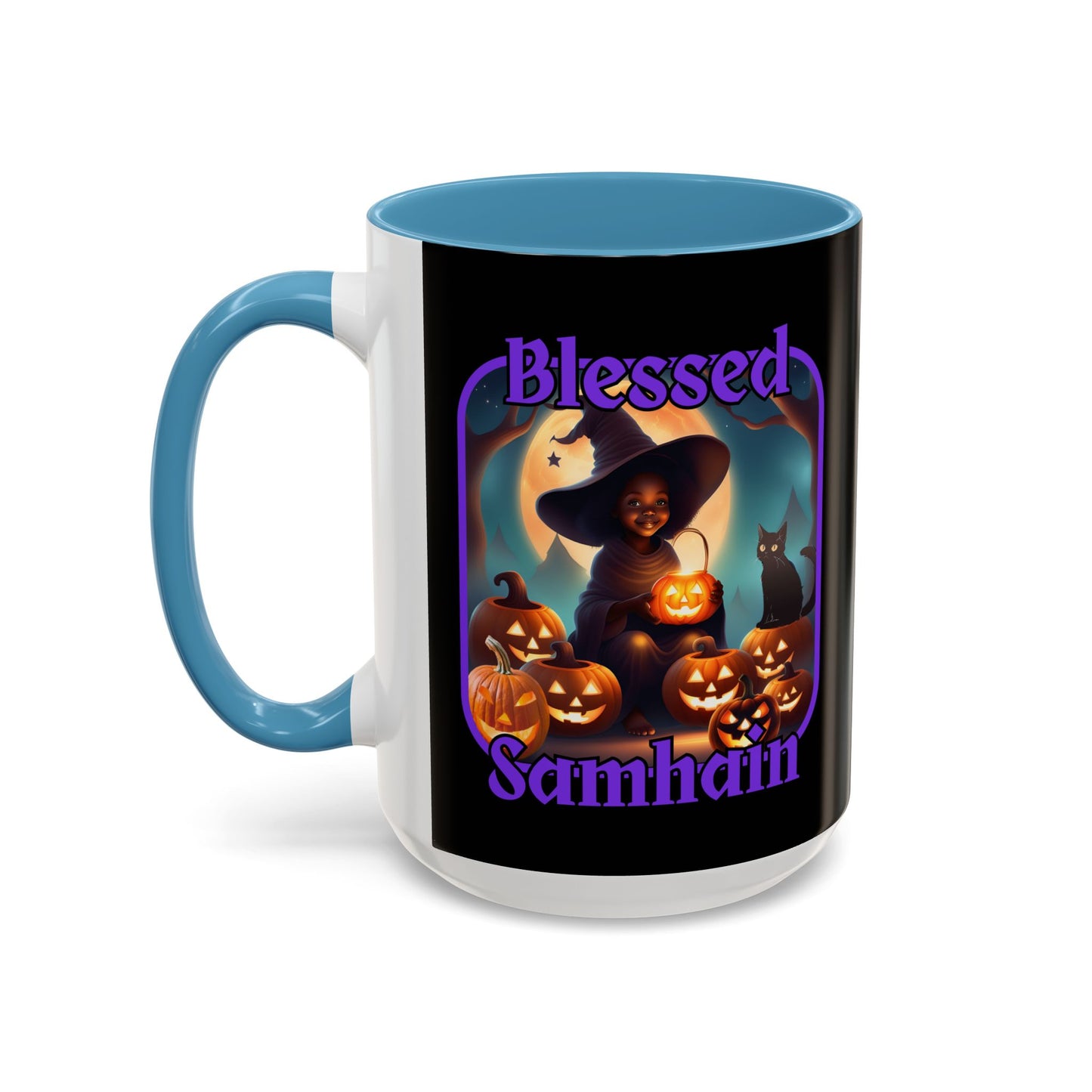 Blessed Samhain Cute Witch Purple font Black Accent Mug by CreepyCrafts.boo