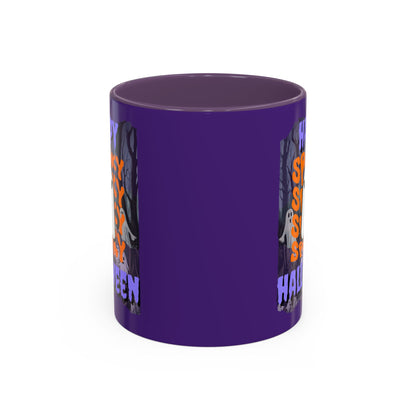 Spooky Happy Halloween Ghost Purple font Purple Accent Mug by CreepyCrafts.boo
