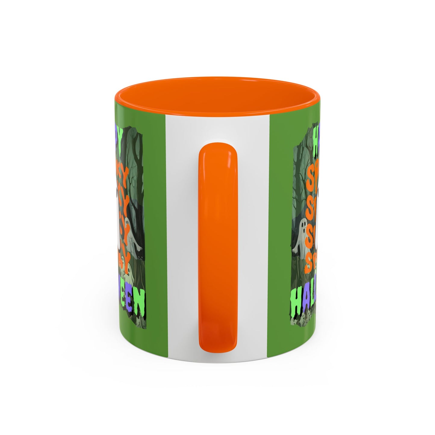 Spooky Happy Halloween Ghost Mixed font Green Accent Mug by CreepyCrafts.boo