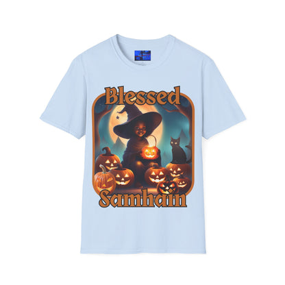 Blessed Samhain Cute Witch ORfont LTcolors Unisex T-Shirt by cypherpunkgear