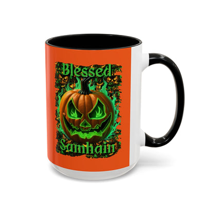 Blessed Samhain Green Jack Orange Accent Mug by CreepyCrafts.boo