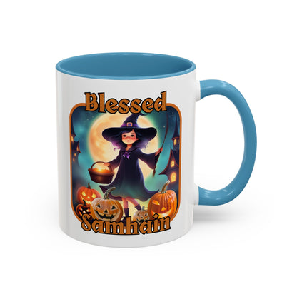 Blessed Samhain Little Witch Orange font White Accent Mug by CreepyCrafts.boo