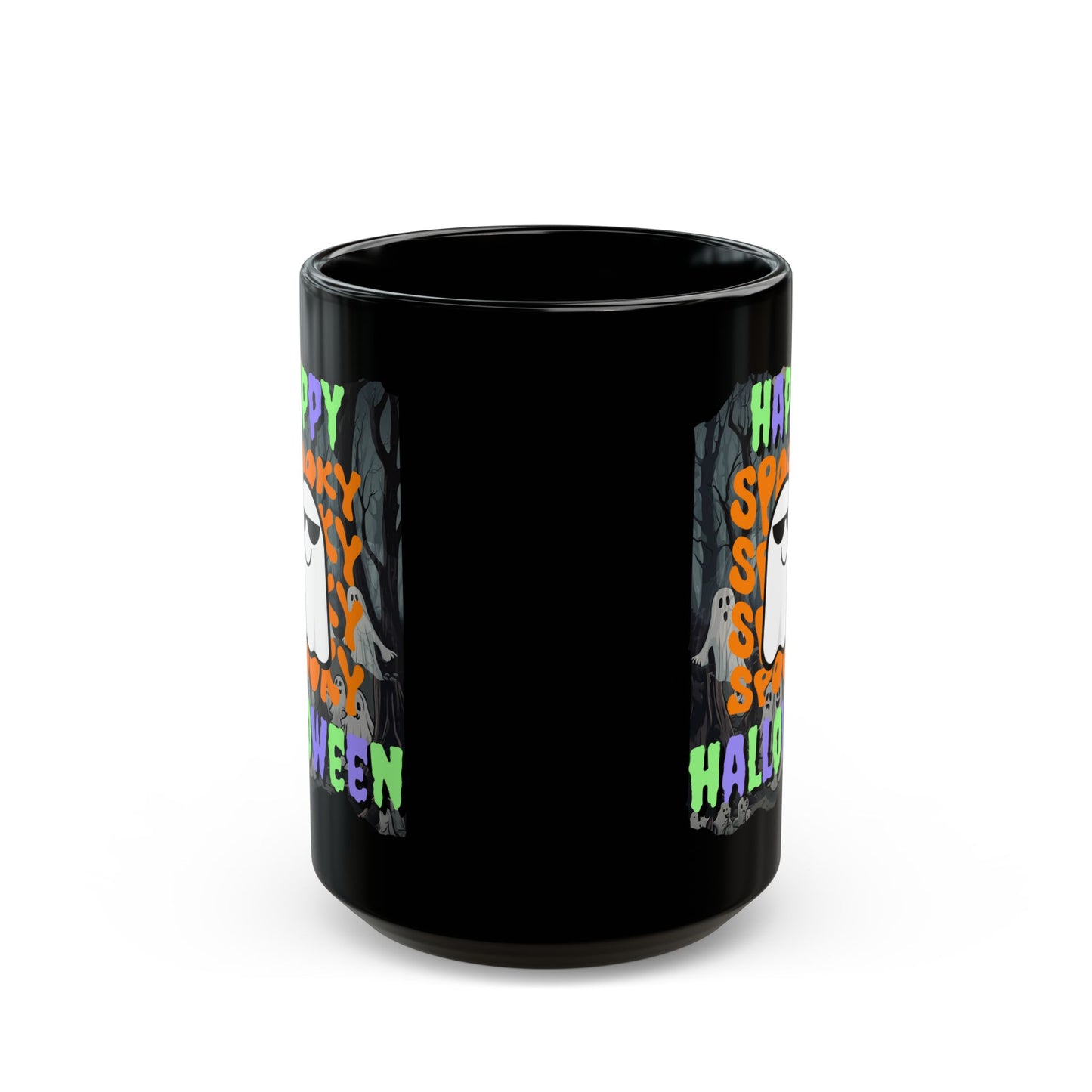 Spooky Happy Halloween Ghost Mixed font Black Mug by CreepyCrafts.boo