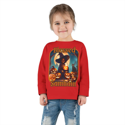 Blessed Samhain Cute Witch Orange font Toddler Long Sleeve Tee by CreepyCrafts.boo