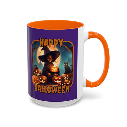 Happy Halloween Cute Witch Orange font Purple Accent Mug by CreepyCrafts.boo