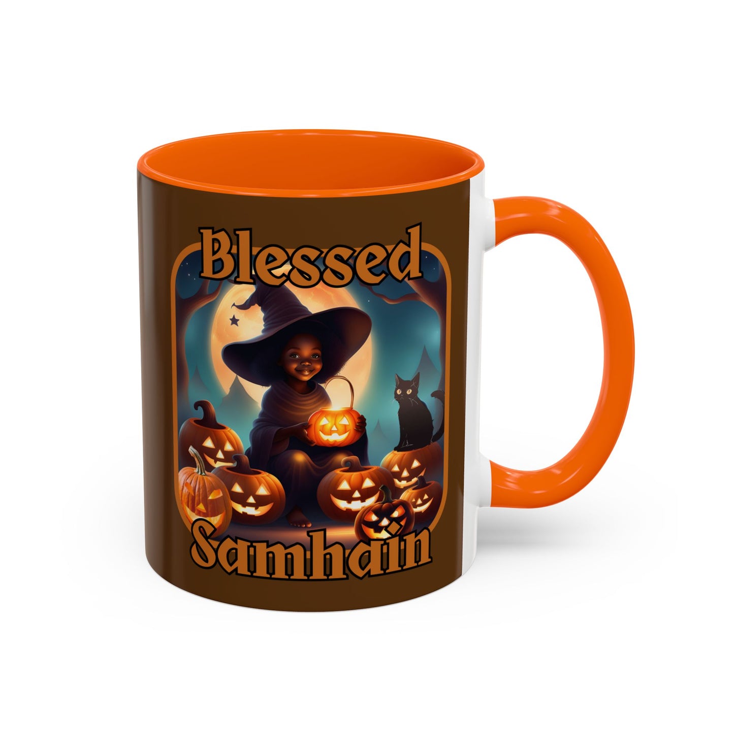 Blessed Samhain Cute Witch Orange font Brown Accent Mug by CreepyCrafts.boo