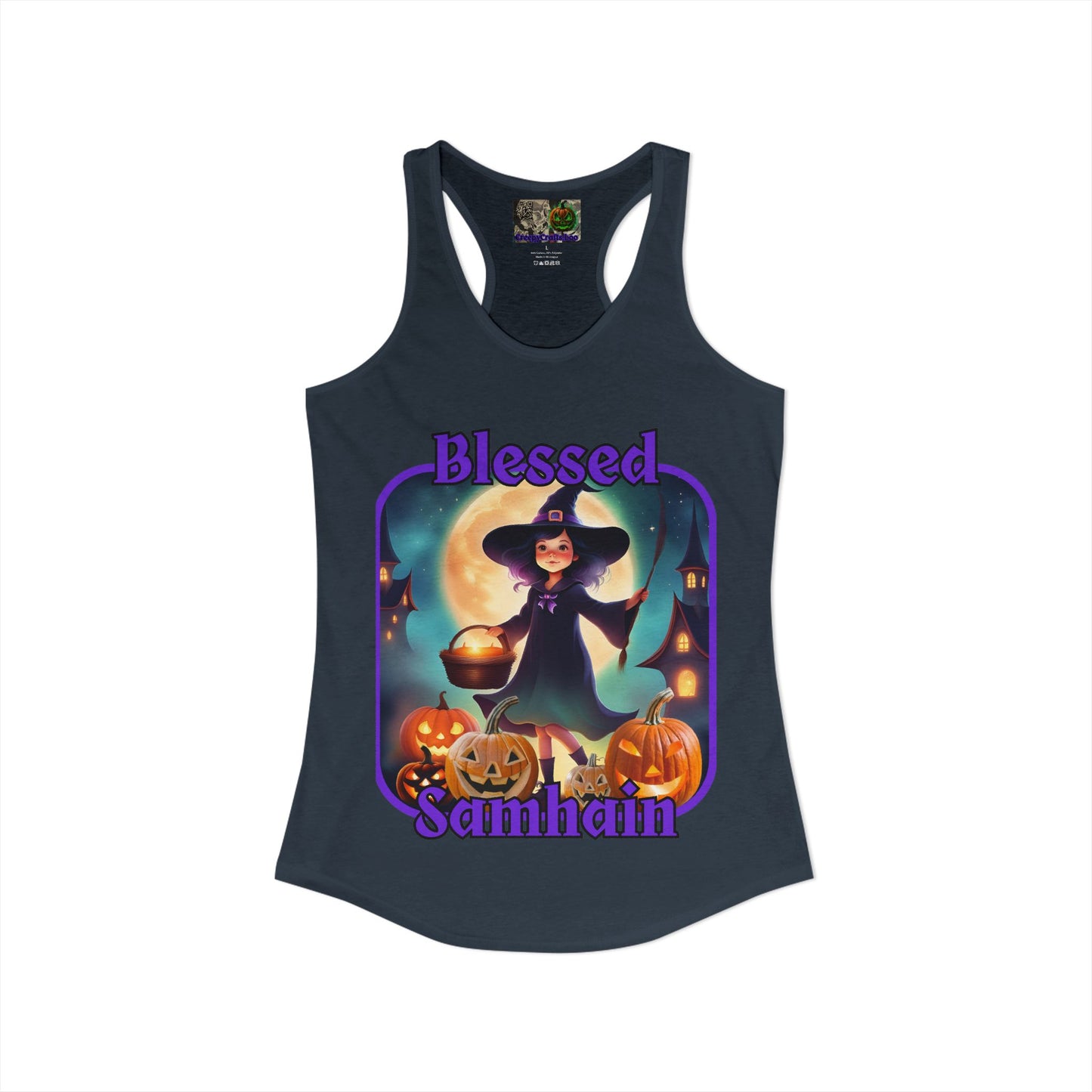 Blessed Samhain Little Witch Purple font Women's Racerback Tank Top by CreepyCrafts.boo