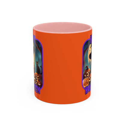 Happy Halloween Cute Witch Purple font Orange Accent Mug by CreepyCrafts.boo