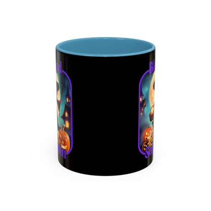 Blessed Samhain Little Witch Purple font Black Accent Mug by CreepyCrafts.boo