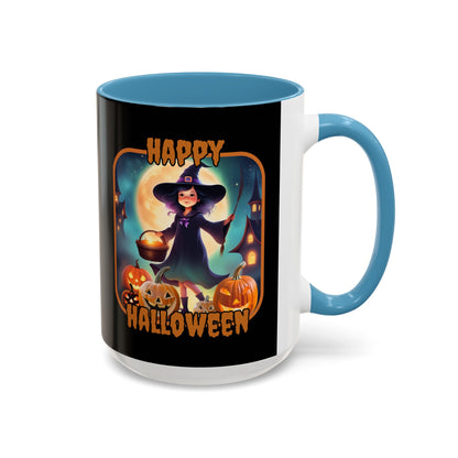 Happy Halloween Little Witch Orange font Black Accent Mug by CreepyCrafts.boo