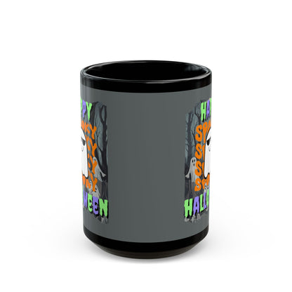 Spooky Happy Halloween Ghost Mixed font Grey Mug by CreepyCrafts.boo