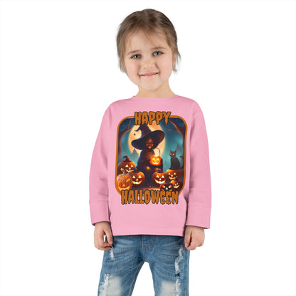 Happy Halloween Cute Witch Orange font Toddler Long Sleeve Tee by CreepyCrafts.boo