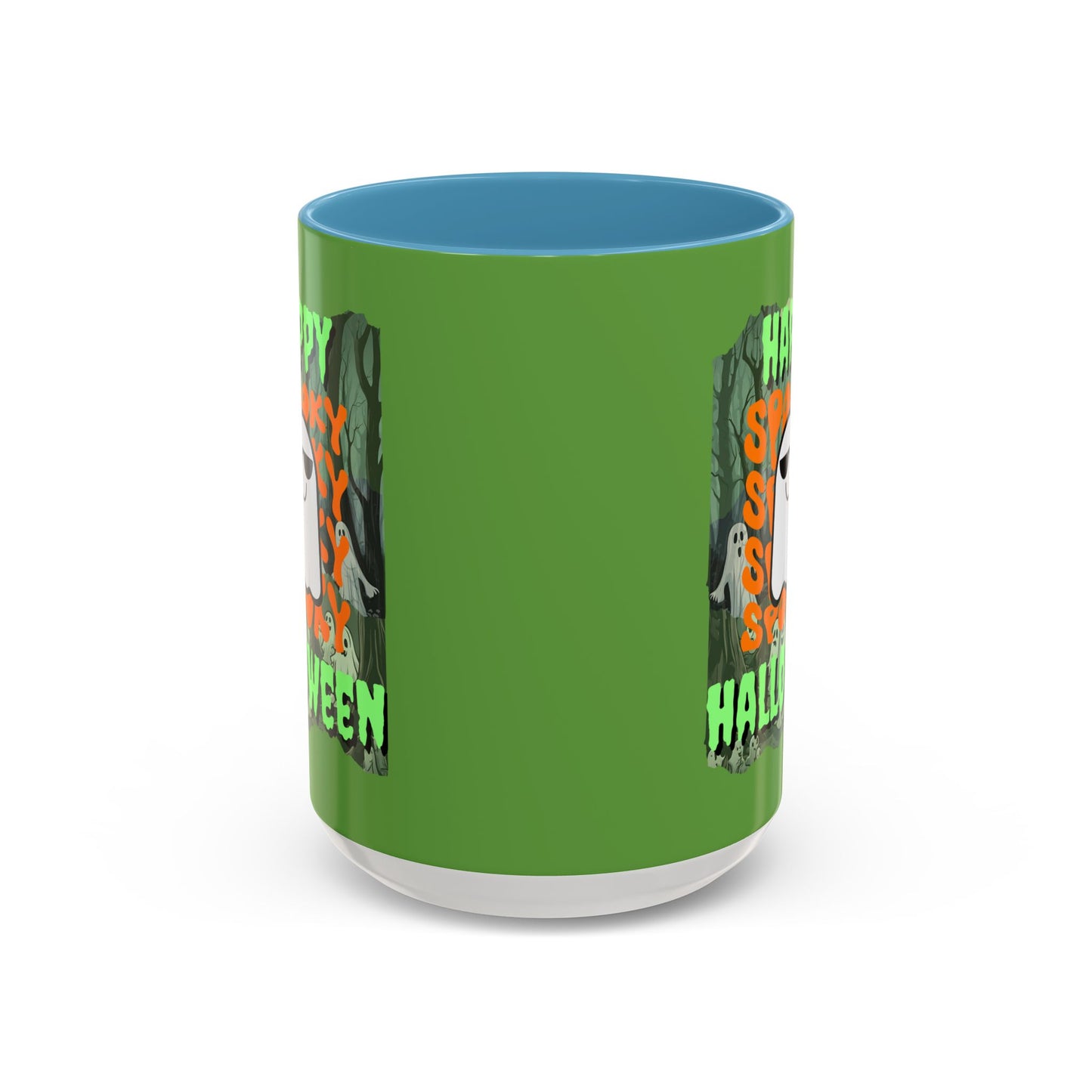 Spooky Happy Halloween Ghost Green font Green Accent Mug by CreepyCrafts.boo
