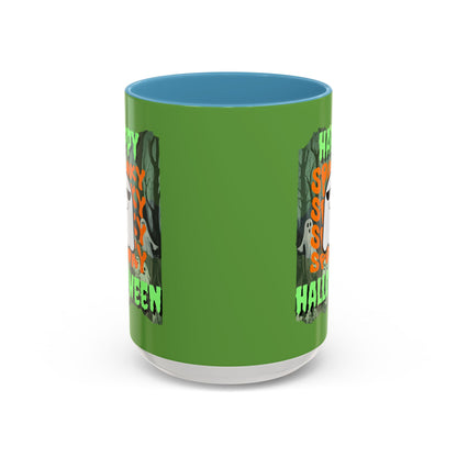 Spooky Happy Halloween Ghost Green font Green Accent Mug by CreepyCrafts.boo