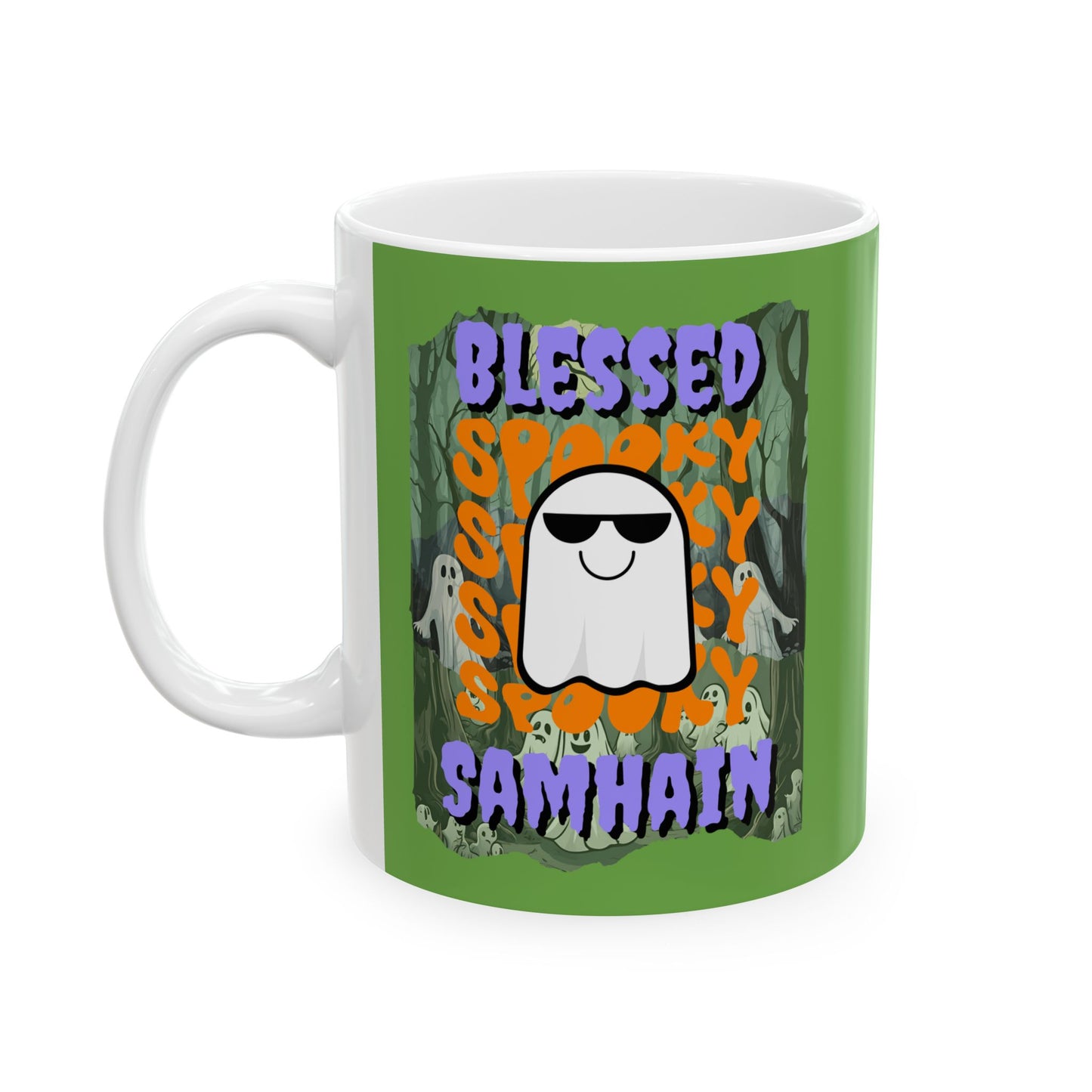Spooky Blessed Samhain Ghost Purple font Green Mug by CreepyCrafts.boo