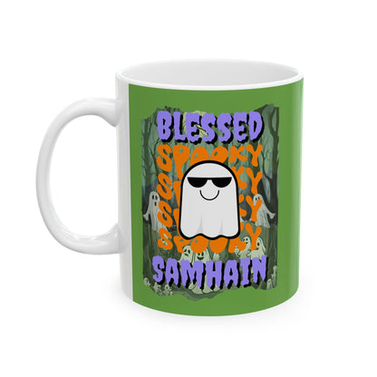 Spooky Blessed Samhain Ghost Purple font Green Mug by CreepyCrafts.boo
