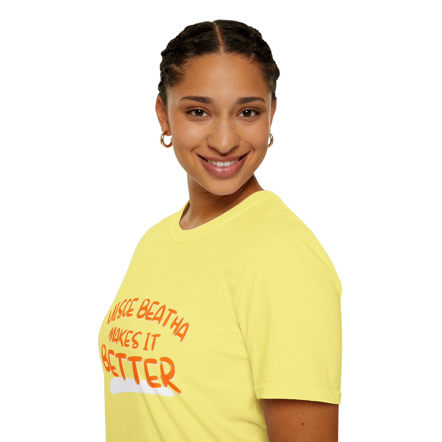 Uisce Beatha makes it better Orange font Light colors Unisex T-Shirt by cypherpunkgear.com