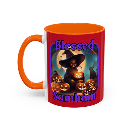Blessed Samhain Cute Witch Purple font Red Accent Mug by CreepyCrafts.boo
