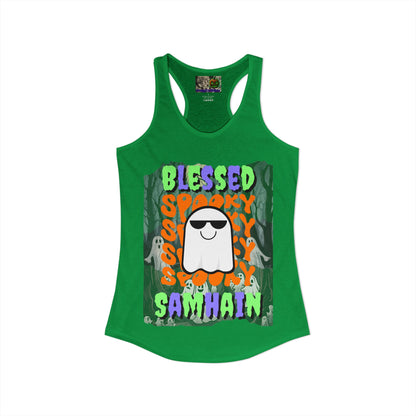 Spooky Blessed Samhain Ghost Mixed font Women's Racerback Tank Top by CreepyCrafts.boo