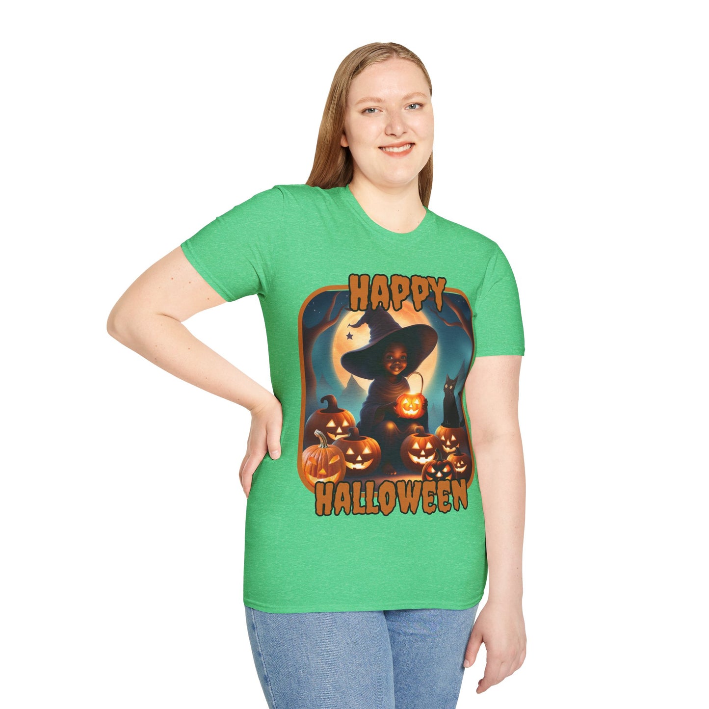 Happy Halloween Cute Witch Orange font, Dark colors, Unisex T-Shirt by CreepyCrafts.boo