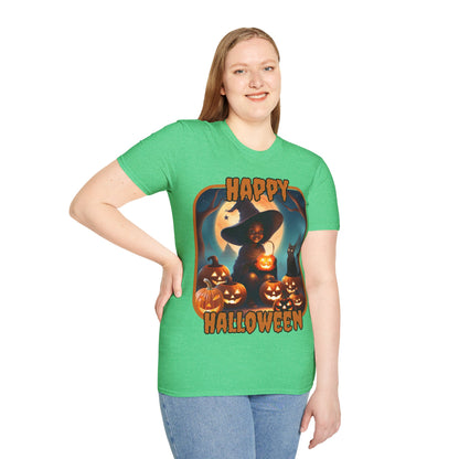 Happy Halloween Cute Witch Orange font, Dark colors, Unisex T-Shirt by CreepyCrafts.boo