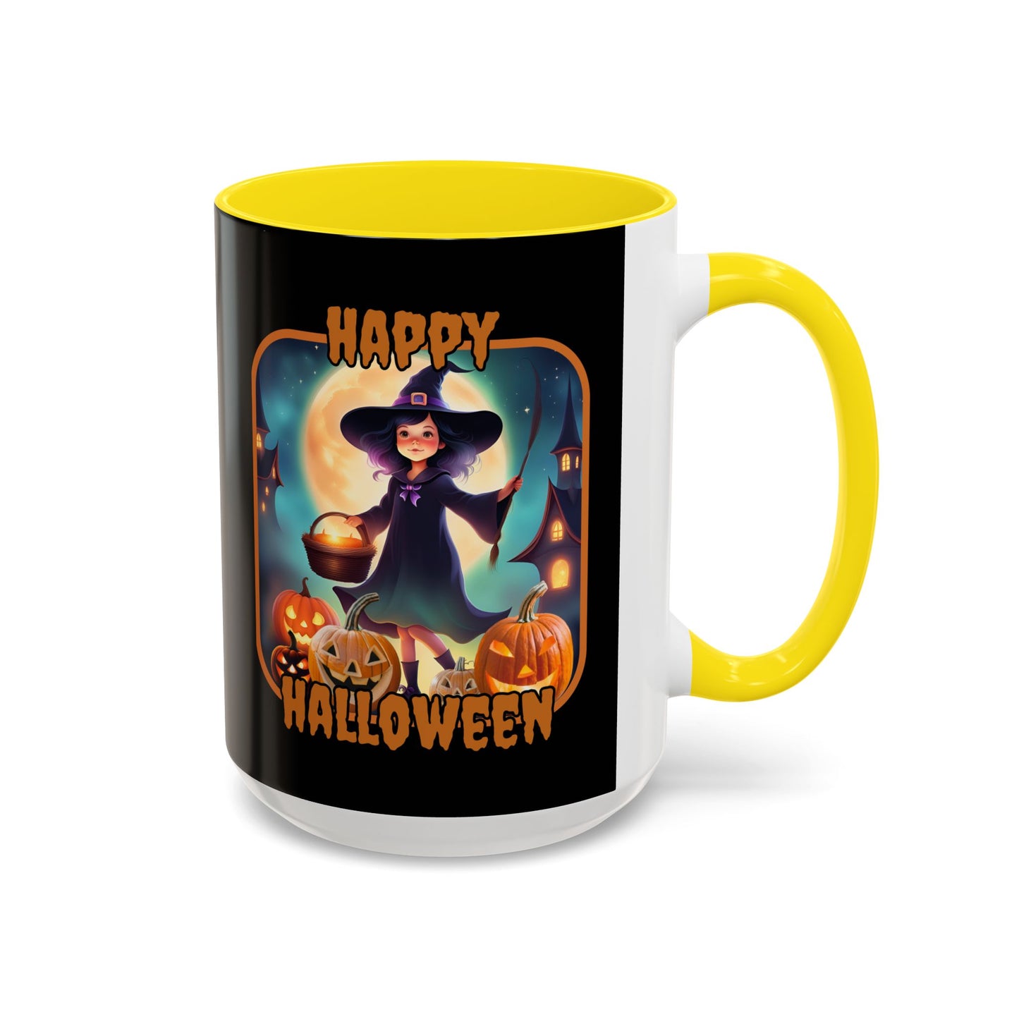 Happy Halloween Little Witch Orange font Black Accent Mug by CreepyCrafts.boo