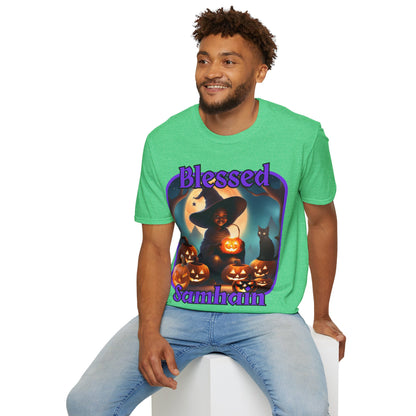 Blessed Samhain Cute Witch Purple font Dark colors Unisex T-Shirt by CreepyCrafts.boo