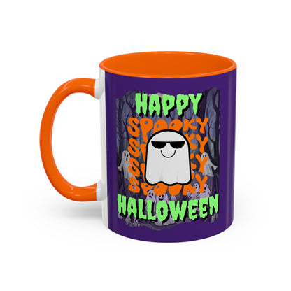 Spooky Happy Halloween Ghost Green font Purple Accent Mug by CreepyCrafts.boo