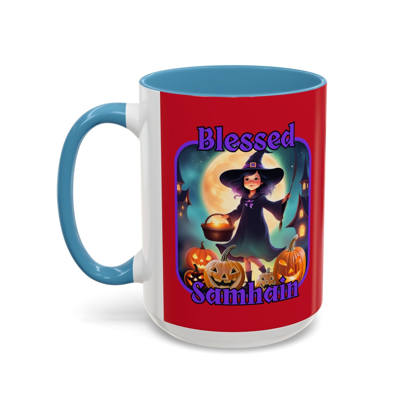 Blessed Samhain Little Witch Purple font Red Accent Mug by CreepyCrafts.boo