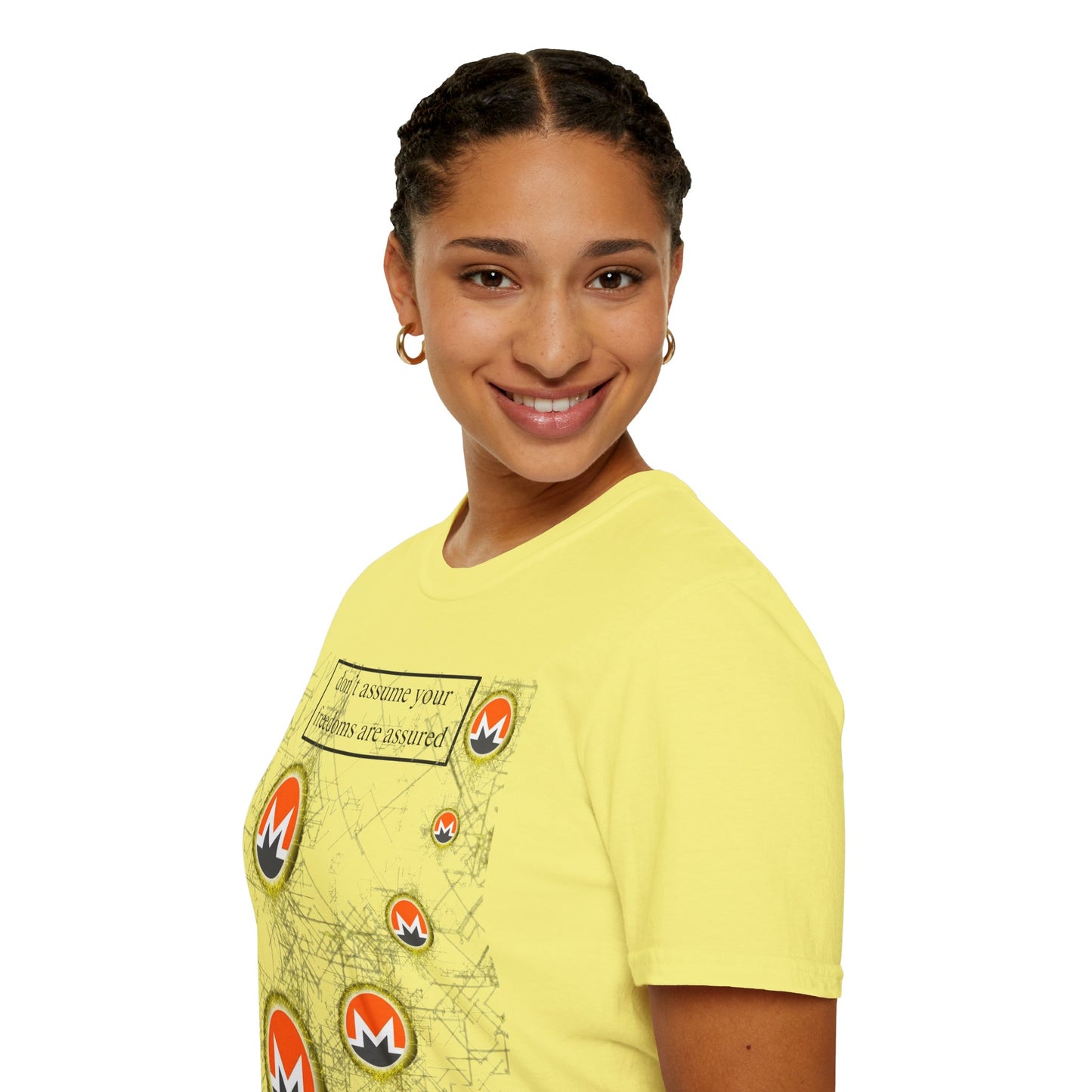 Monero (XMR) don't assume your freedoms are assured Light colors Unisex T-Shirt by cypherpunkgear.com