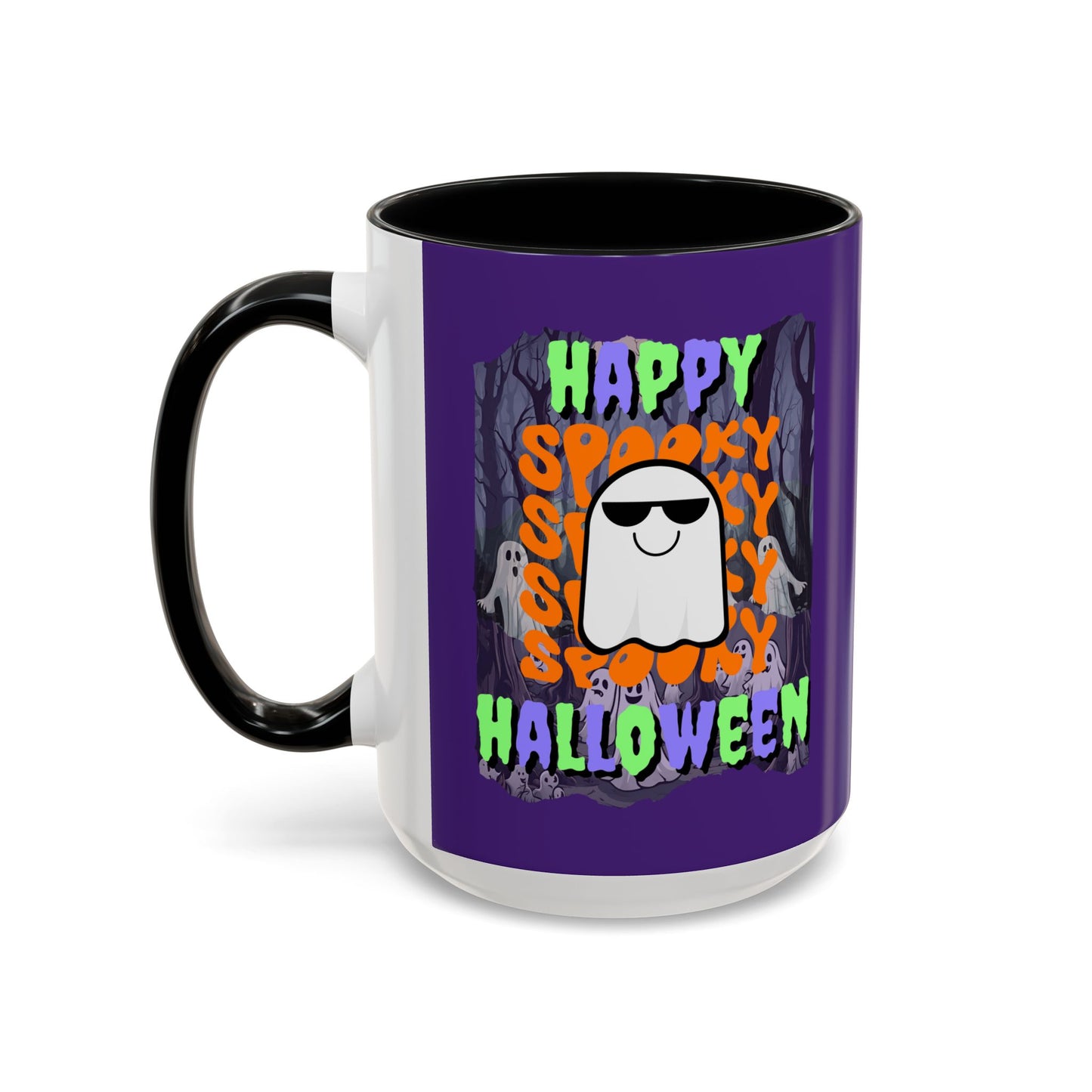 Spooky Happy Halloween Ghost Mixed font Purple Accent Mug by CreepyCrafts.boo
