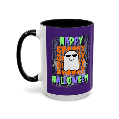 Spooky Happy Halloween Ghost Mixed font Purple Accent Mug by CreepyCrafts.boo
