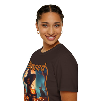 Blessed Samhain Cute Witch Orange font Dark colors Unisex T-Shirt by CreepyCrafts.boo