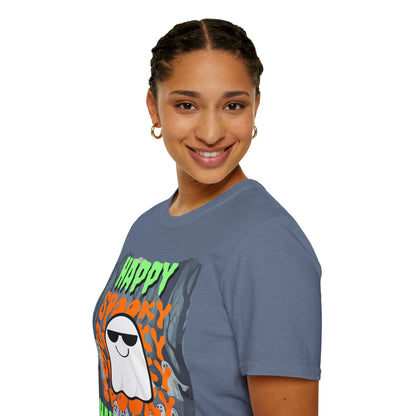 Spooky Happy Halloween Ghost Dark colors Green font Unisex T-Shirt by CreepyCrafts.boo
