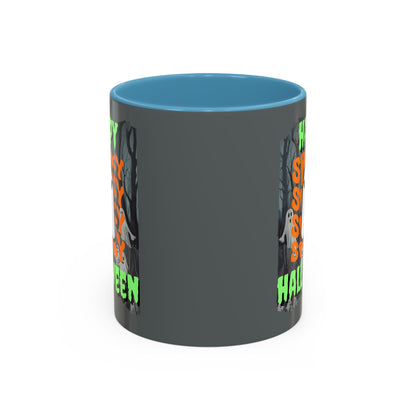 Spooky Happy Halloween Ghost Green font Grey Accent Mug by CreepyCrafts.boo