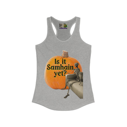 Is It Samhain Yet? Skeleton's Giant Pumpkin Women’s Racerback Tank Top by CreepyCrafts.boo