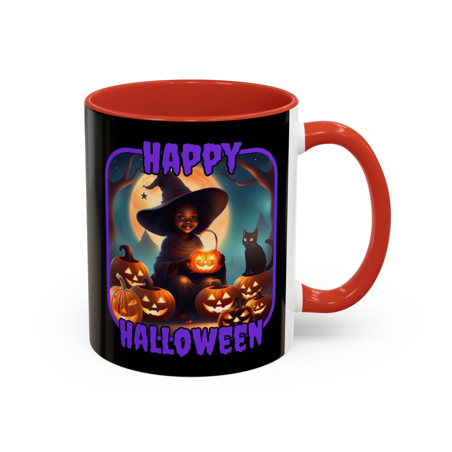 Happy Halloween Cute Witch Purple font Black Accent Mug by CreepyCrafts.boo