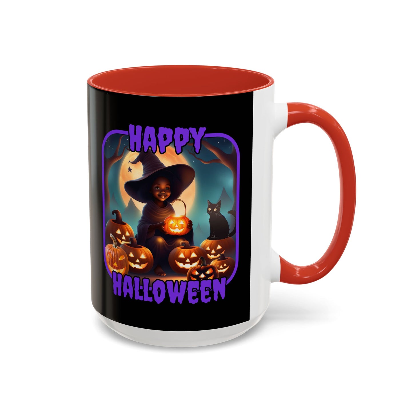Happy Halloween Cute Witch Purple font Black Accent Mug by CreepyCrafts.boo