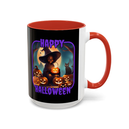 Happy Halloween Cute Witch Purple font Black Accent Mug by CreepyCrafts.boo