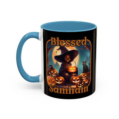 Blessed Samhain Cute Witch Orange font Black Accent Mug by CreepyCrafts.boo
