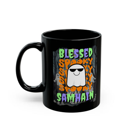 Spooky Blessed Samhain Ghost Mixed font Black Mug by CreepyCrafts.boo