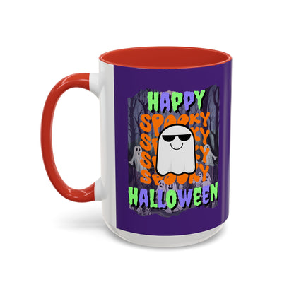 Spooky Happy Halloween Ghost Mixed font Purple Accent Mug by CreepyCrafts.boo