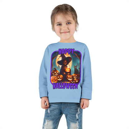 Happy Halloween Cute Witch Purple font Toddler Long Sleeve Tee by CreepyCrafts.boo