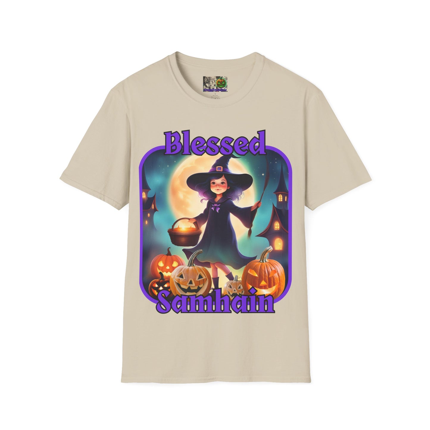 Blessed Samhain Little Witch Purple font Light colors Unisex T-Shirt by CreepyCrafts.boo