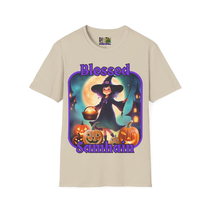 Blessed Samhain Little Witch Purple font Light colors Unisex T-Shirt by CreepyCrafts.boo